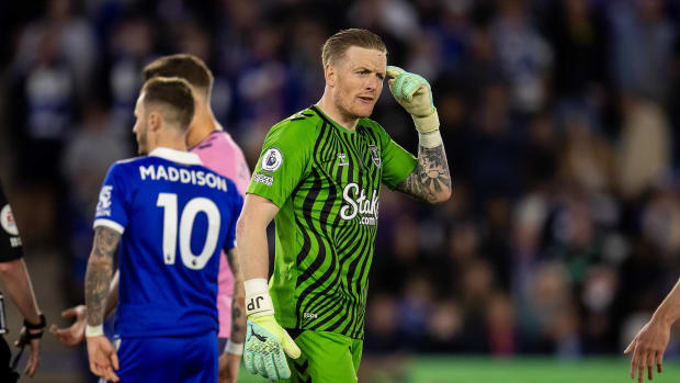 Everton goalkeeper Jordan Pickford pictured during his team's 2-2 draw at Leicester City in May 2023
