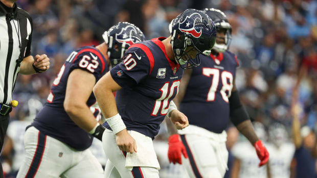 Houston Texans quarterback Davis Mills (10) reacts following a play.