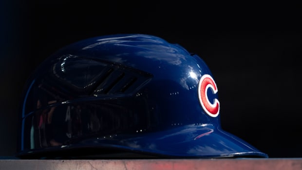 Aug 12, 2023; Toronto, Ontario, CAN; A Chicago Cubs helmet rests on the dugout during a MLB game against the Toronto Blue Jays at Rogers Centre. Mandatory Credit: Kevin Sousa-USA TODAY Sports  