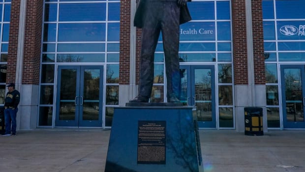 Dec 4, 2022; Columbia, Missouri, USA; A statue of former coach Norm Stewart before a game between the Missouri Tigers and Southeast Missouri State Redhawks at Mizzou Arena. Mandatory Credit: Denny Medley-USA TODAY Sports