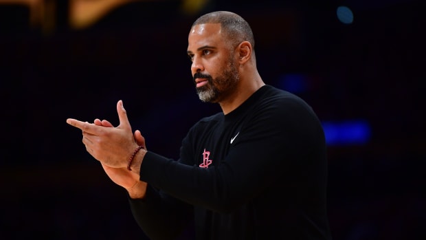Rockets head coach Ime Udoka watches game action against the Los Angeles Lakers during the second half at Crypto.com Arena
