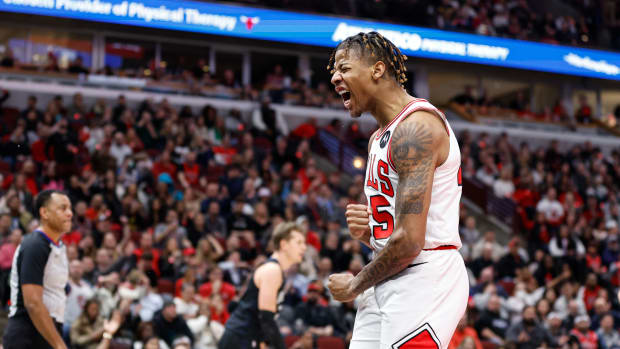 Feb 13, 2023; Chicago, Illinois, USA; Chicago Bulls player Dalen Terry (25) reacts during the second half at United Center