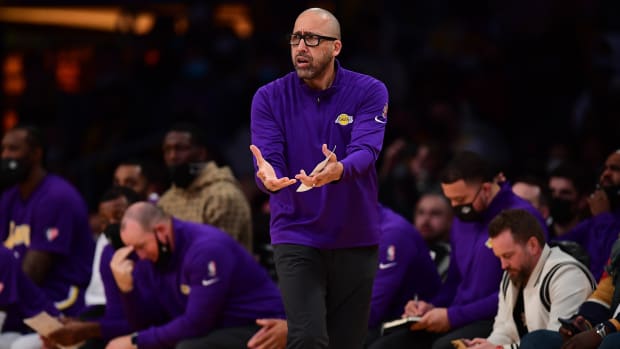 Los Angeles Lakers assistant head coach David Fizdale watches game action against the Brooklyn Nets during the first half at Crypto.com Arena.