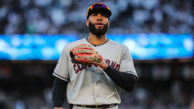 Oct 18, 2022; Bronx, New York, USA; Cleveland Guardians shortstop Amed Rosario (1) during game five of the NLDS for the 2022 MLB Playoffs at Yankee Stadium. Mandatory Credit: Wendell Cruz-USA TODAY Sports