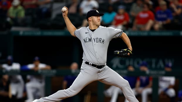 Oct 4, 2022; Arlington, Texas, USA; New York Yankees starting pitcher Jameson Taillon (50) throws a pitch in the first inning against the Texas Rangers at Globe Life Field. Mandatory Credit: Tim Heitman-USA TODAY Sports