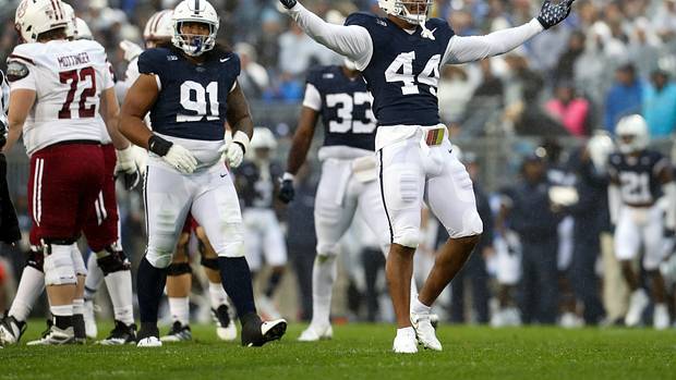Penn State Nittany Lions defensive end Chop Robinson (44) celebrates following a sack on Massachusetts Minutemen quarterback Taisun Phommachanh (3) during the second quarter at Beaver Stadium. Penn State defeated Massachusetts 63-0.