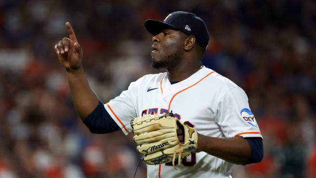 Oct 23, 2023; Houston, Texas, USA; Houston Astros pitcher Hector Neris (50) reacts after the fifth inning of game seven in the ALCS against the Texas Rangers for the 2023 MLB playoffs at Minute Maid Park.