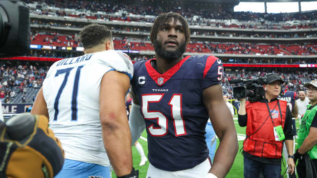 Texans defensive end Will Anderson Jr. (51) walks on the field after the game against the Tennessee Titans at NRG Stadium.