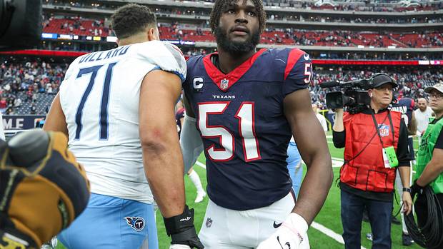 Texans defensive end Will Anderson Jr. (51) walks on the field after the game against the Tennessee Titans at NRG Stadium.