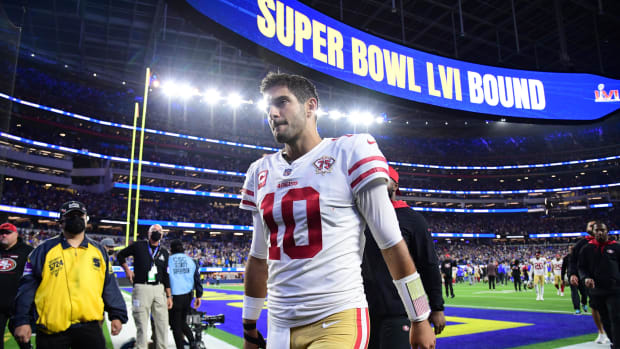 San Francisco 49ers quarterback Jimmy Garoppolo leaves the field after losing to the Los Angeles Rams in the NFC Championship Game at SoFi Stadium.