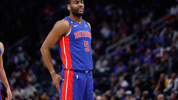 Pistons guard Alec Burks looks on during a game.