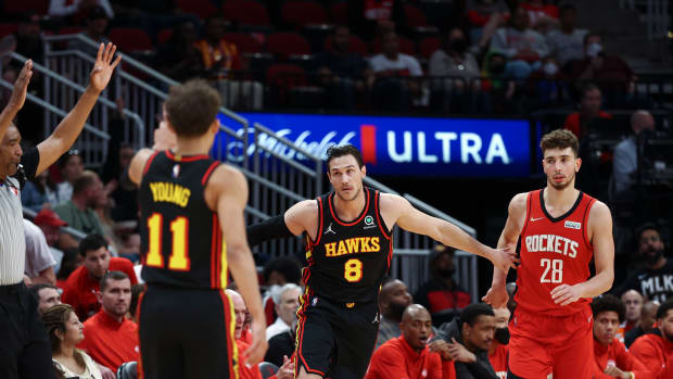 Apr 10, 2022; Houston, Texas, USA; Atlanta Hawks forward Danilo Gallinari (8) reacts after scoring a basket during the first quarter against the Houston Rockets at Toyota Center.