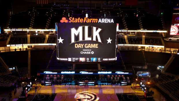 Jan 18, 2021; Atlanta, Georgia, USA; The State Farm Arena is shown before a MLK day game between the Atlanta Hawks and the Minnesota Timberwolves on Martin Luther King Day.
