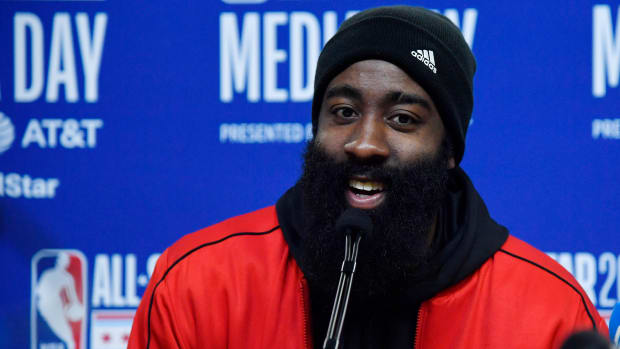 Los Angeles Clippers guard James Harden speaks with the media during a press conference.