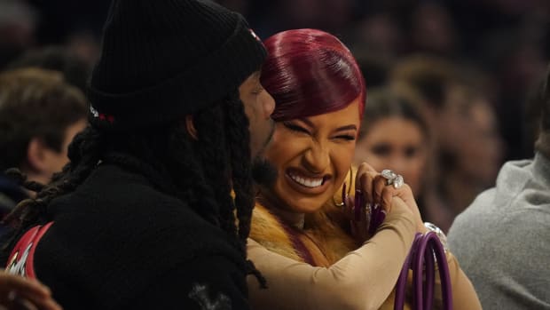 Recording artist Cardi B with husband Offset in attendance in the first half during the 2020 NBA All Star Game at United Center.