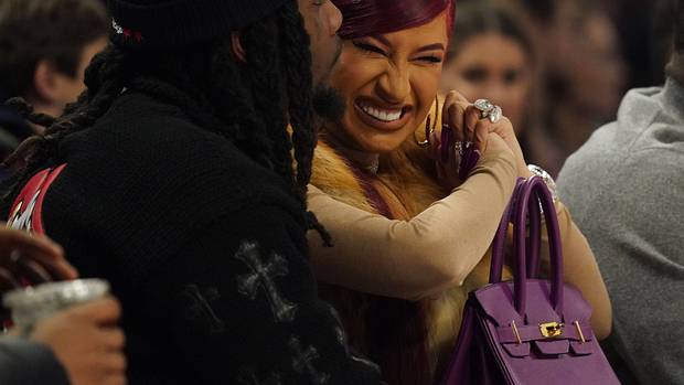 Recording artist Cardi B with husband Offset in attendance in the first half during the 2020 NBA All Star Game at United Center.