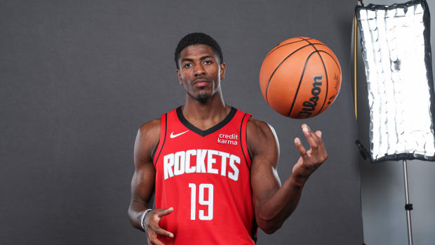 Rockets guard Nate Williams poses for a picture at Rockets media day at Toyota Center