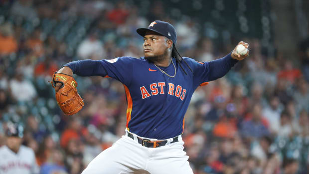 Aug 1, 2023; Houston, Texas, USA; Houston Astros starting pitcher Framber Valdez (59) delivers a pitch during the first inning against the Cleveland Guardians at Minute Maid Park. Mandatory Credit: Troy Taormina-USA TODAY Sports