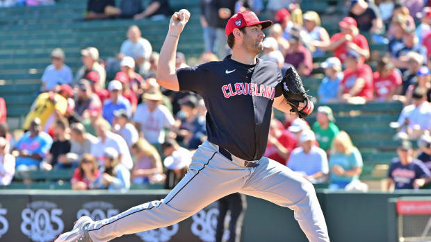 Feb 29, 2024; Tempe, Arizona, USA; Cleveland Guardians starting pitcher Gavin Williams (32) throws in the first inning against the Los Angeles Angels during a spring training game at Tempe Diablo Stadium. Mandatory Credit: Matt Kartozian-USA TODAY Sports  