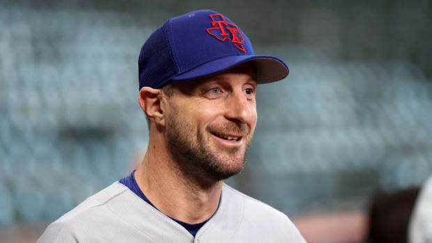 Oct 15, 2023; Houston, Texas, USA; Texas Rangers pitcher Max Scherzer (31) before game one of the ALCS for the 2023 MLB playoffs at Minute Maid Park. Mandatory Credit: Thomas Shea-USA TODAY Sports  