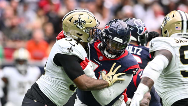 Houston Texans offensive tackle Tytus Howard (71) and New Orleans Saints defensive end Cameron Jordan (94) in action during the first quarter at NRG Stadium.