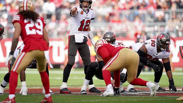Tampa Bay Buccaneers quarterback Tom Brady making adjustments against the San Francisco 49ers defense.