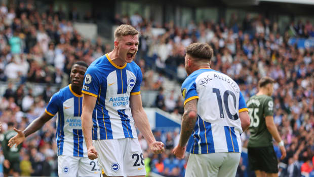 Players from Brighton & Hove Albion pictured celebrating a goal during a 3-1 win over Southampton in May 2023