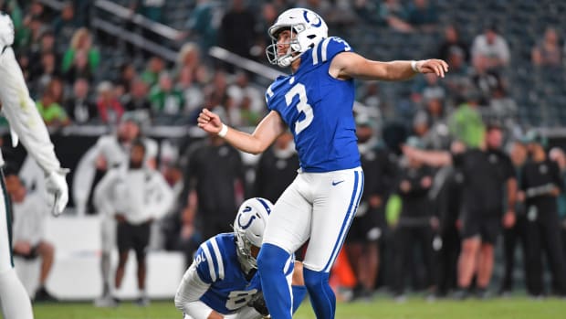Indianapolis Colts place kicker Lucas Havrisik (3) against the Philadelphia Eagles at Lincoln Financial Field.