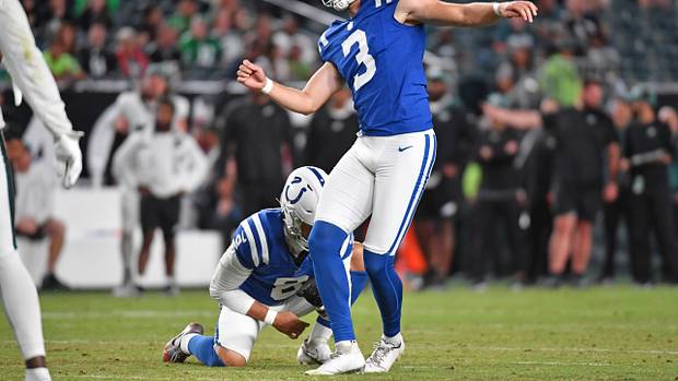 Indianapolis Colts place kicker Lucas Havrisik (3) against the Philadelphia Eagles at Lincoln Financial Field.