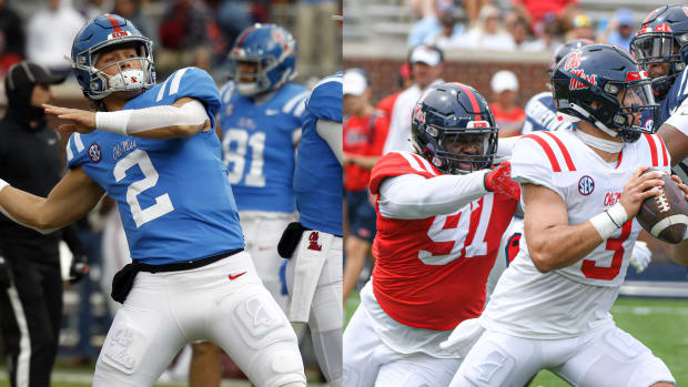 Jaxson Dart (left) and Spencer Sanders (right) are battling for the starting quarterback role at Ole Miss this season. 