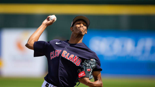 Mar 16, 2023; Goodyear, Arizona, USA; Cleveland Guardians pitcher Triston McKenzie against the Chicago White Sox during a spring training game at Goodyear Ballpark. Mandatory Credit: Mark J. Rebilas-USA TODAY Sports