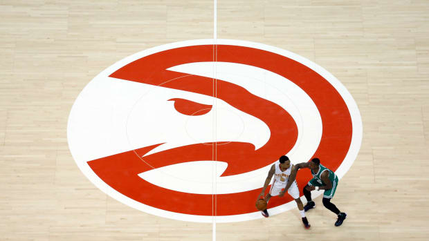 Atlanta Hawks halfcourt logo at State Farm Arena.