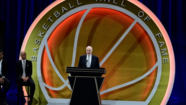 Gregg Popovich gives his speech as he is inducted into the 2023 Basketball Hall of Fame at Symphony Hall. Mandatory Credit: Eric Canha-USA TODAY Sports