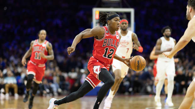 Mar 20, 2023; Philadelphia, Pennsylvania, USA; Chicago Bulls guard Ayo Dosunmu drives against the Philadelphia 76ers