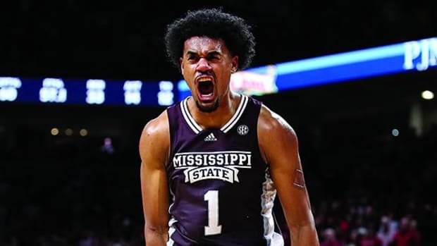 Mississippi State's Tolu Smith celebrates a 70-64 win over Arkansas in Bud Walton that almost went wire to wire.