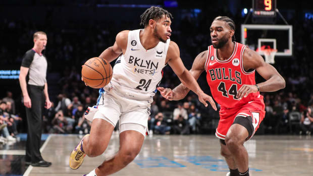 Feb 9, 2023; Brooklyn, New York, USA; Brooklyn Nets guard Cam Thomas (24) looks to drive past Chicago Bulls forward Patrick Williams (44) in the first quarter at Barclays Center.