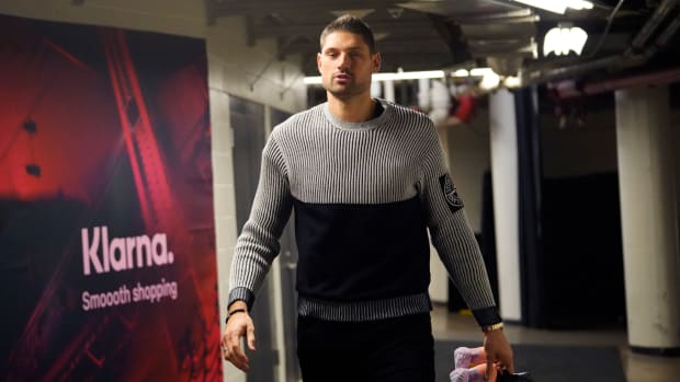 Oct 22, 2022; Chicago, Illinois, USA; Chicago Bulls center Nikola Vucevic (9) enters the United Center before the game against the Cleveland Cavaliers. Mandatory Credit:
