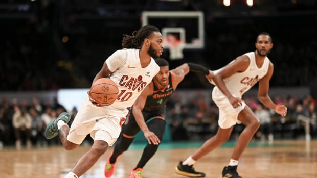 Feb 25, 2024; Washington, District of Columbia, USA; Cleveland Cavaliers guard Darius Garland (10) dribbles towards the basket during the first half against the Washington Wizards at Capital One Arena. Mandatory Credit: Tommy Gilligan-USA TODAY Sports
