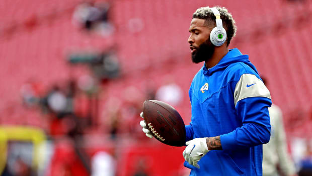 Jan 23, 2022; Tampa, Florida, USA; Los Angeles Rams wide receiver Odell Beckham Jr. (3) warms up before play the Tampa Bay Buccaneers in a NFC Divisional playoff football game at Raymond James Stadium. Mandatory Credit: Matt Pendleton-USA TODAY Sports