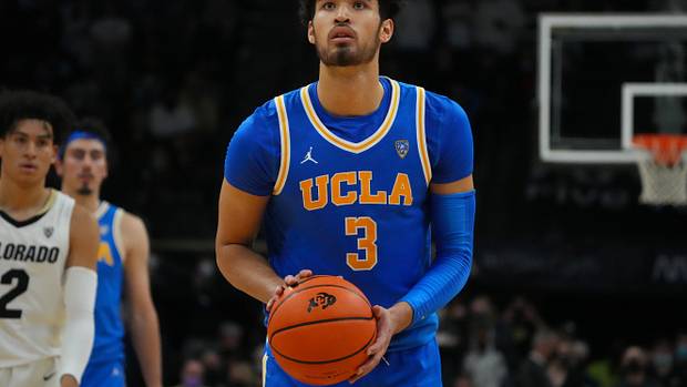 UCLA Bruins guard Johnny Juzang (3) prepares to shoot at the free throw line against the Colorado Buffaloes in the second half at the CU Events Center.