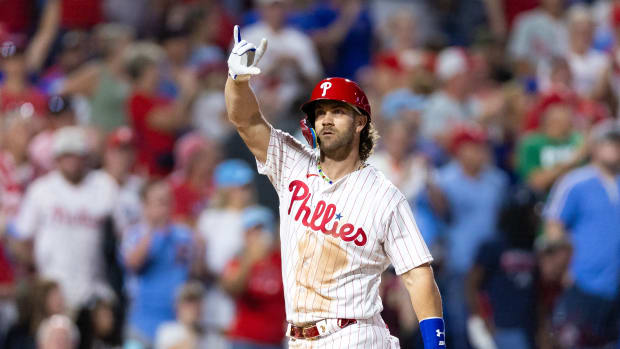 Sep 12, 2023; Philadelphia, Pennsylvania, USA; Philadelphia Phillies first baseman Bryce Harper (3) reacts after hitting a home run during the eighth inning against the Atlanta Braves at Citizens Bank Park. Mandatory Credit: Bill Streicher-USA TODAY Sports  