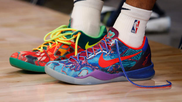 View of multi-colored Kobe 8 shoes.