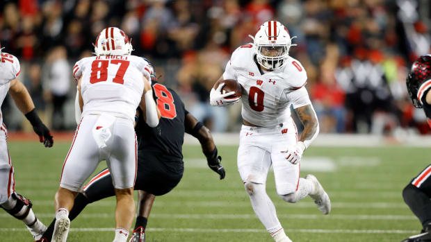 Wisconsin running back Braelon Allen with the football against Ohio State.