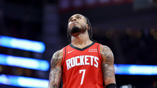 Rockets forward Cam Whitmore (7) reacts after a play during the fourth quarter against the Los Angeles Clippers at Toyota Center.