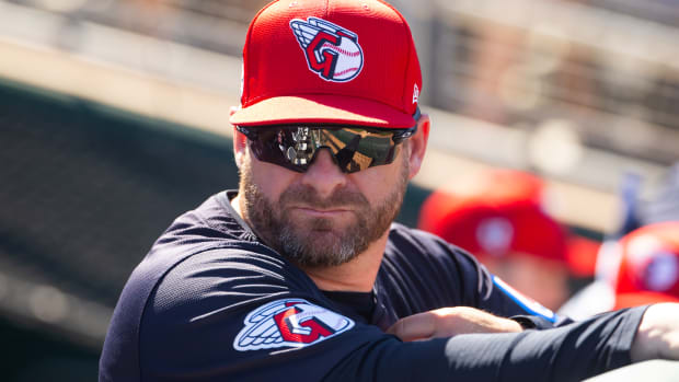 Mar 11, 2024; Goodyear, Arizona, USA; Cleveland Guardians manager Stephen Vogt against the Los Angeles Dodgers during a spring training game at Goodyear Ballpark. Mandatory Credit: Mark J. Rebilas-USA TODAY Sports