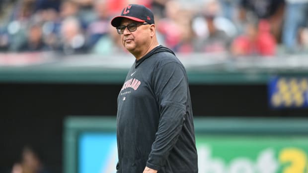 Jun 23, 2023; Cleveland, Ohio, USA; Cleveland Guardians manager Terry Francona walks on to the field to challenge a call during the third inning against the Milwaukee Brewers at Progressive Field. Mandatory Credit: Ken Blaze-USA TODAY Sports