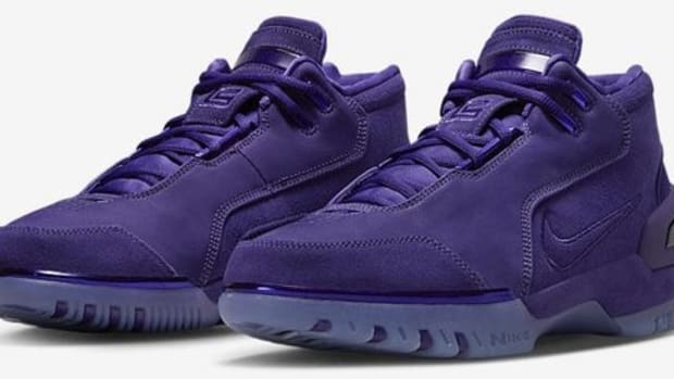 Side view of LeBron James' purple Nike sneakers.
