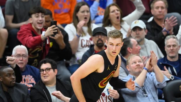 Mar 3, 2024; Cleveland, Ohio, USA; Cleveland Cavaliers guard Sam Merrill (5) reacts after making a three-point basket in the third quarter against the New York Knicks at Rocket Mortgage FieldHouse. Mandatory Credit: David Richard-USA TODAY Sports