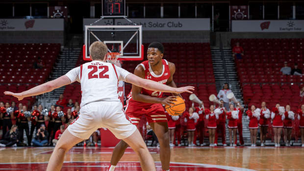 Wisconsin forward Chris Hodges holding the basketball on offense during the Red-White Scrimmage.