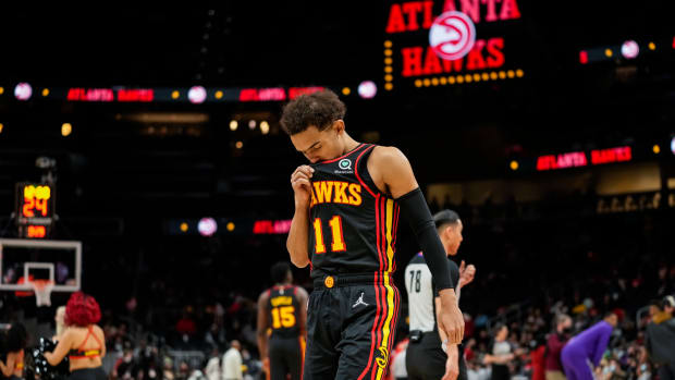 Jan 26, 2022; Atlanta, Georgia, USA; Atlanta Hawks guard Trae Young (11) on the court before the start of the game against the Sacramento Kings at State Farm Arena.